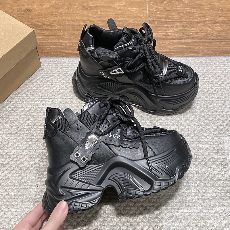 여성용 하이 플랫폼 스니커즈, 두꺼운 밑창 미끄럼 방지 스포츠 아빠 신발, 한국 PU 가죽 청키 스니커즈, 2023 봄 패션, 신상