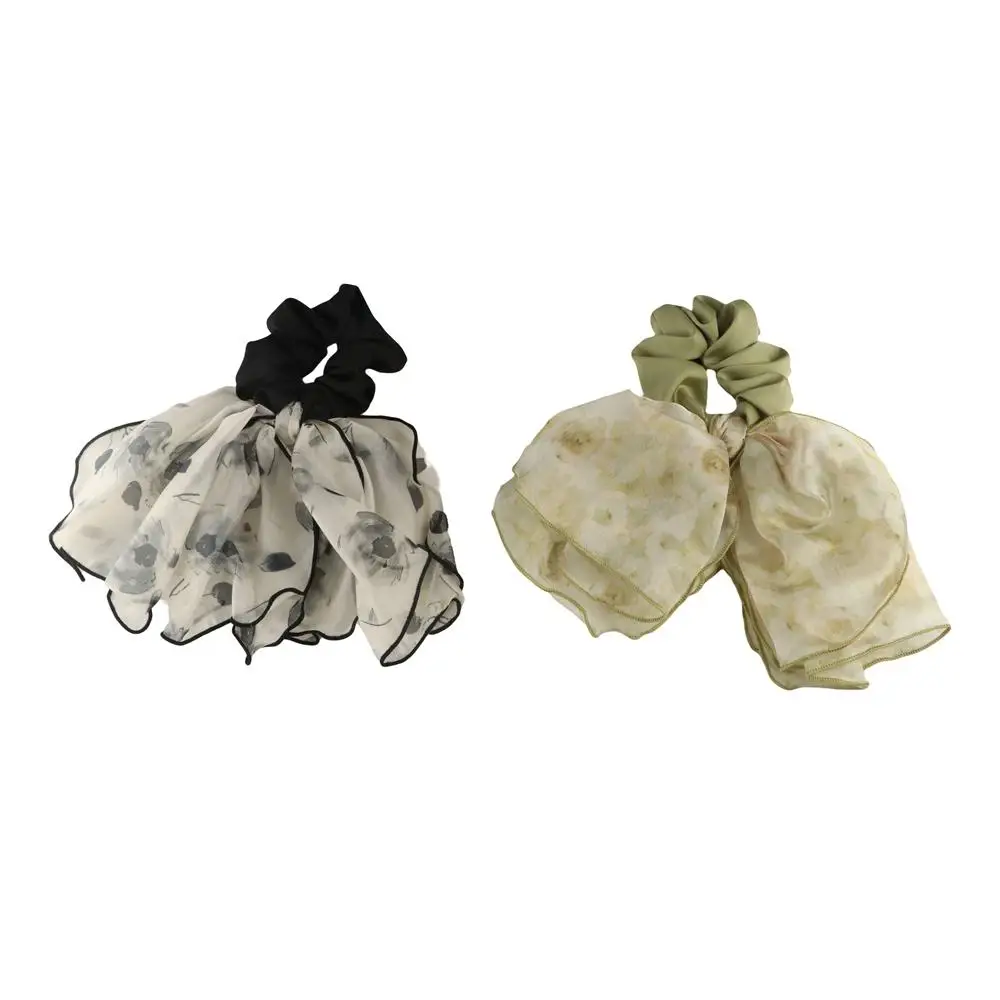 High Resilience Ink Painting Ruffled Scrunchie Elegant Hair Rope Bow Hair rope Elastic Floral Streamers Bow Streamer Headband