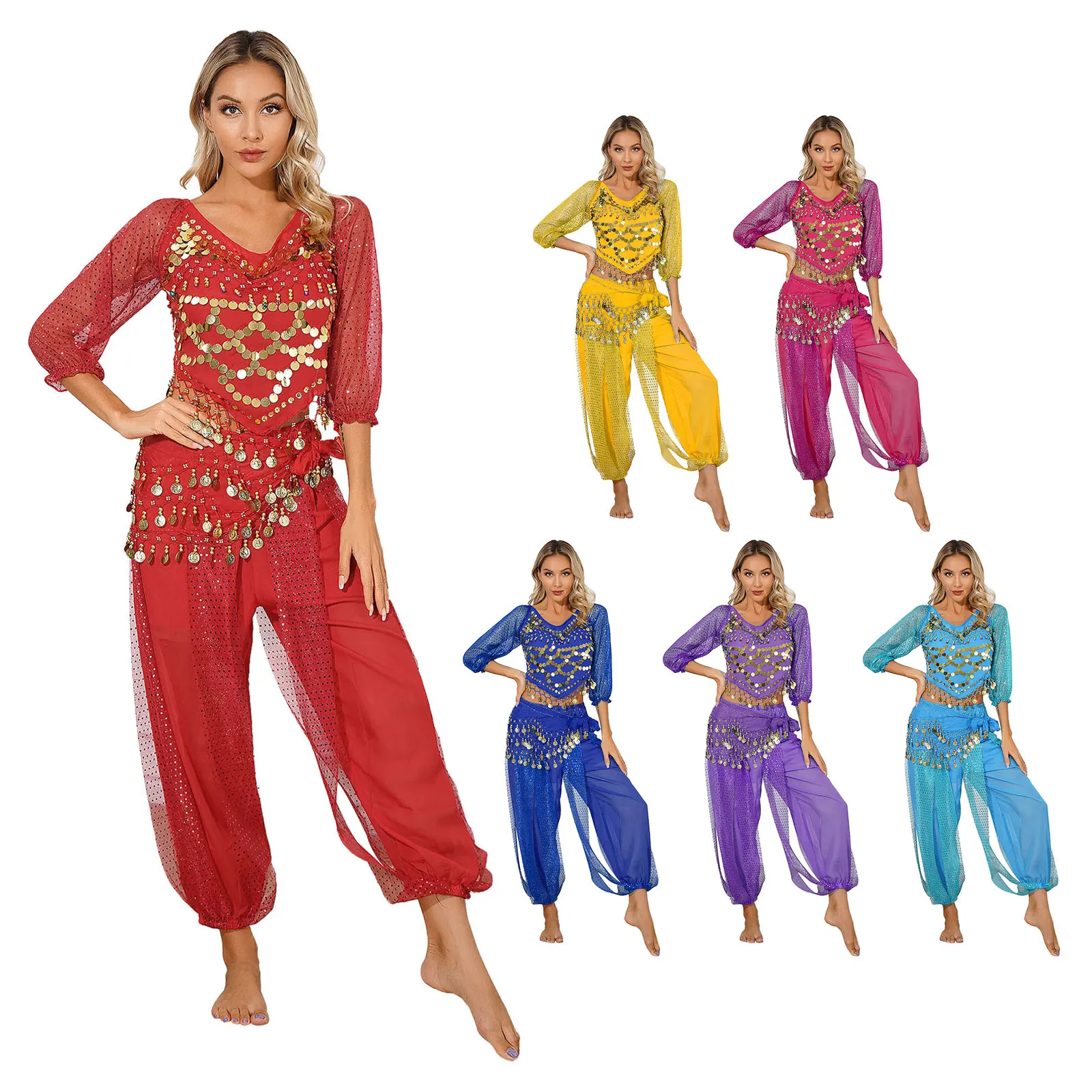 Women Belly Dance Outfits Halloween Role Play Carnival Stage Performance Costume Beads Bells Top Harem Pants Hip Scarf Set