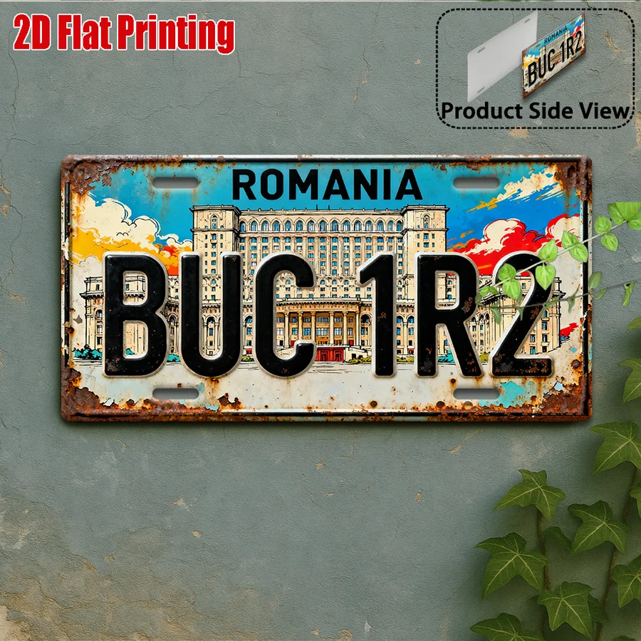 Tin Sign - Vintage Durable Metal Plaque Wall Decor, Romania Bucharest BUC1R2 License Plate Home Office Bar Man Cave Wall Art