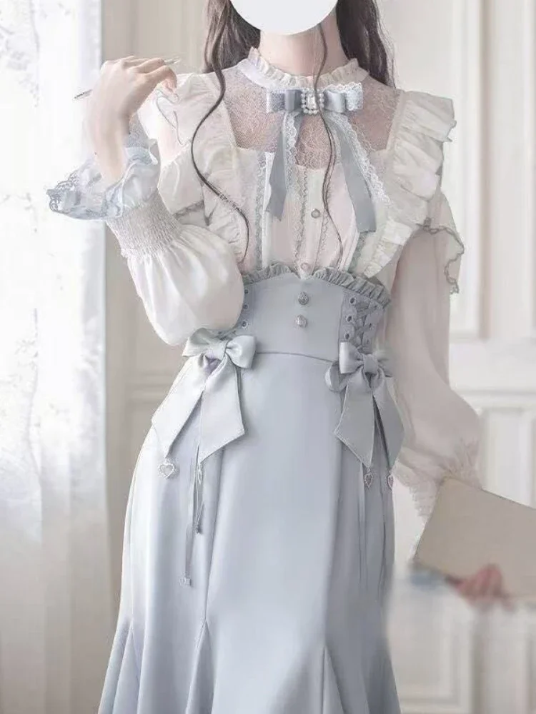 2026 여성 일본 카와이 2피스 세트 얇은 치마 정장 겨울 달콤한 리본 슬림 탑스 패션 뉴 빈티지 크리스마스 숏 아웃핏