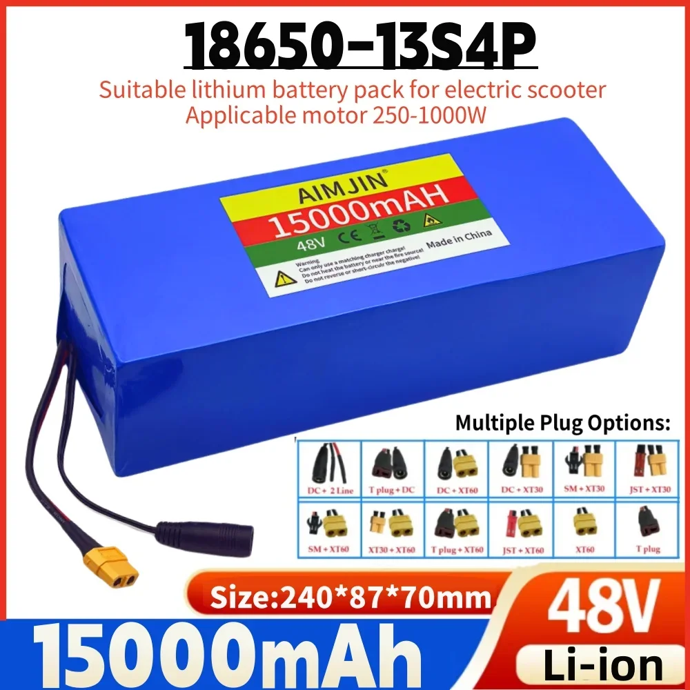 

18650 Lithium Battery Pack,13S4P 48V 15000mAh for Electric Scooter Bicycle Li-ion Replacement Batteries with BMS