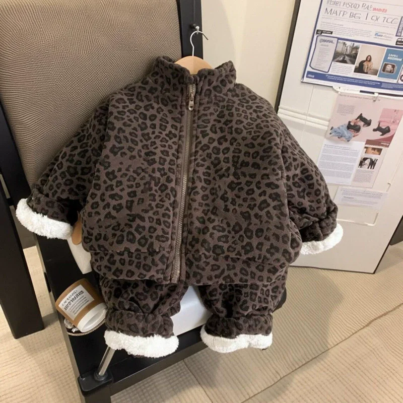 Boys Girls Fleece Lined Sets Winter Children Plush Velvet Warm Suits Baby Thick Jackets+Pants 2Pcs Kids Padded Clothing Outfits