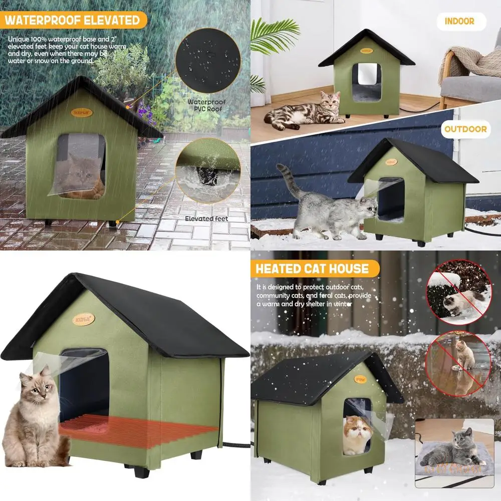 

Insulated Outdoor Cat Shelter - Elevated Weatherproof Heated House for Feral Cats in Winter - Green