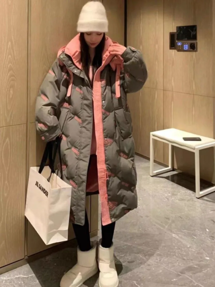 Women Letter Print Down Jacket 2024 Winter New Korean Stand collar 90% White duck down Coats Female Thick Long Casual Overcoat