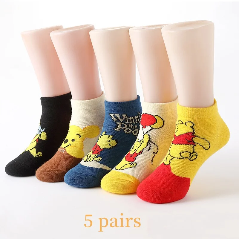 5 Pairs Disney Kids Socks Mickey Mouse Donald Duck Pooh Bear Cute Cartoon Spring Summer Cotton Boat Girls Boys Children\'s Socks