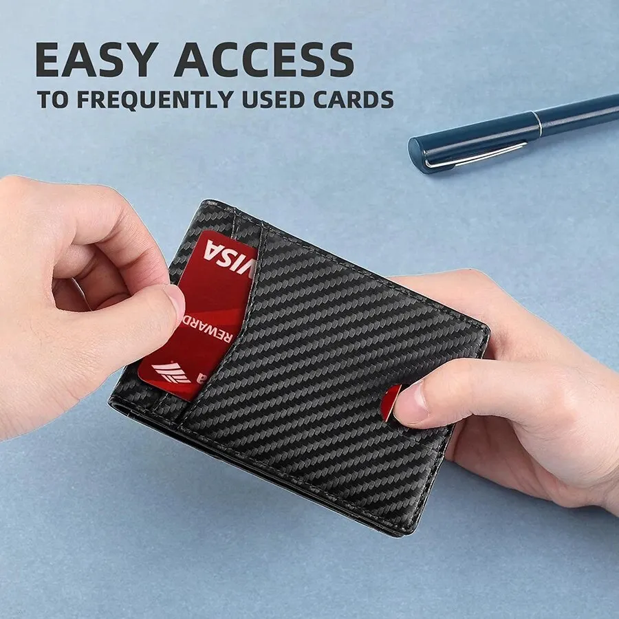 Portfel z włókna węglowego z ochroną przed blokadą RFID dla mężczyzn, krótki, mały, skórzany etui na karty kredytowe i dokumenty tożsamości.