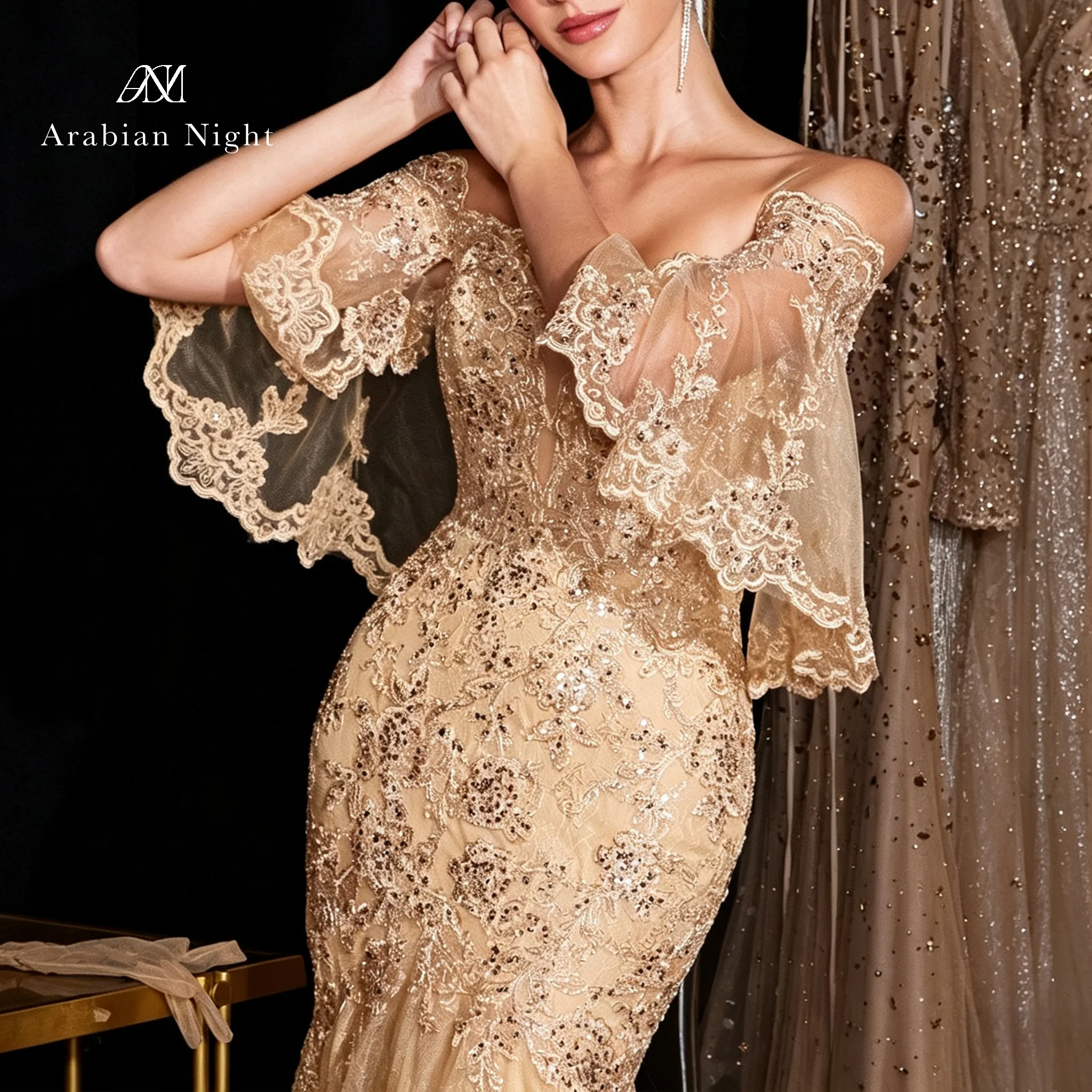 Gold card-sleeve plunging leaf-sleeved fish-tail floor-length formal evening dress with flowing pleats and beaded embroidery
