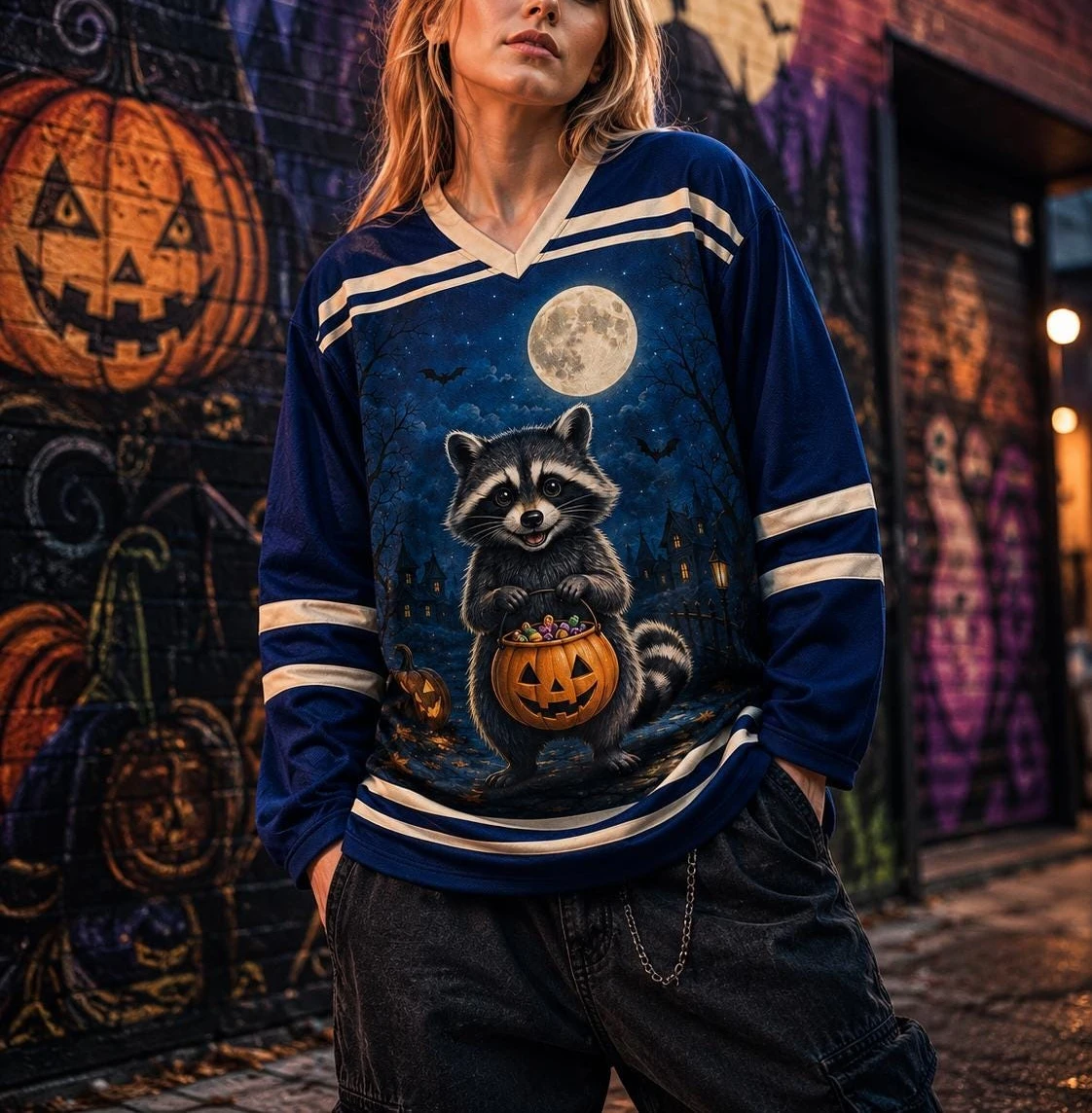 Cute Halloween Raccoon Trick‑or‑Treat Graphic Hockey Jersey 3D Print V Neck Long Sleeve Festival Streetwear Tops Family Matching