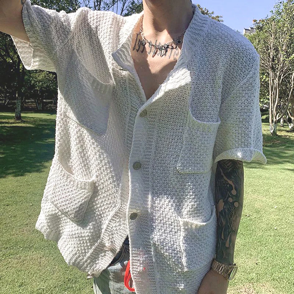 

Men's Hollow out Silk Ice Cool ort Sve irt Multi ket Faionable Summer Loose Fit Youth Trendy Design Open Cardigan