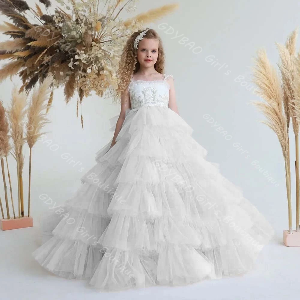 우아한 키즈 티어드 튤 생일 파티 성찬식 드레스 블러쉬 핑크 스트랩 플라워 걸 드레스 웨딩 시퀸 맞춤 제작