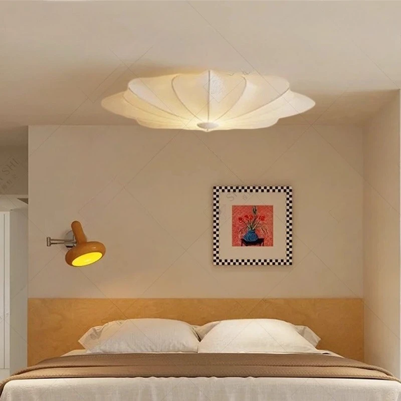 Japanese Wabi-sabi Rotundity Iron Art LED Ceiling Light White Silk Lampshade Living Room Bedroom Restaurant Kitchen Hanging Lamp