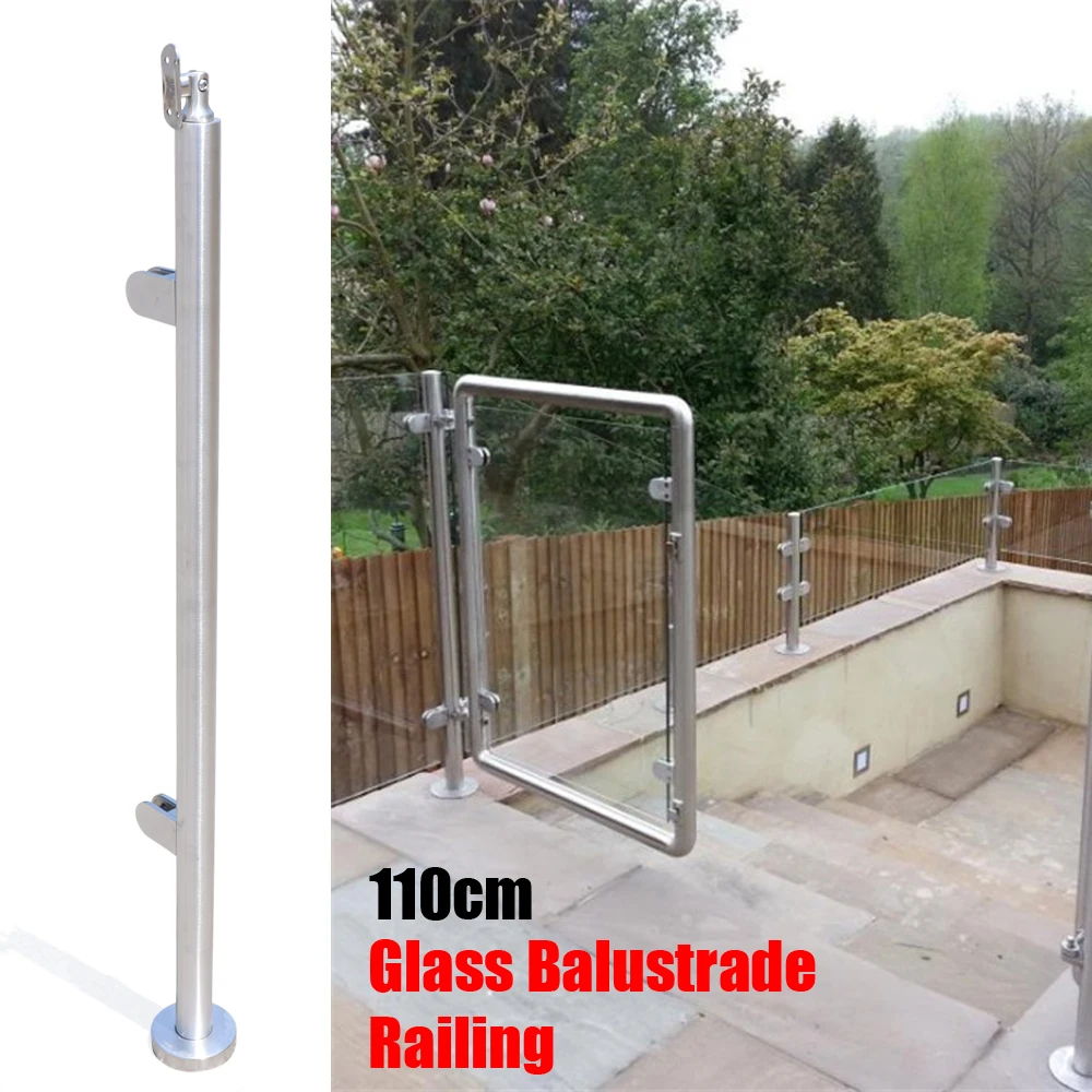 110 cm Edelstahl 316 Glasbalustraden-Geländerpfosten mit oberer Basis für Innenpool-Leitplanke, silbernes rundes Rohr