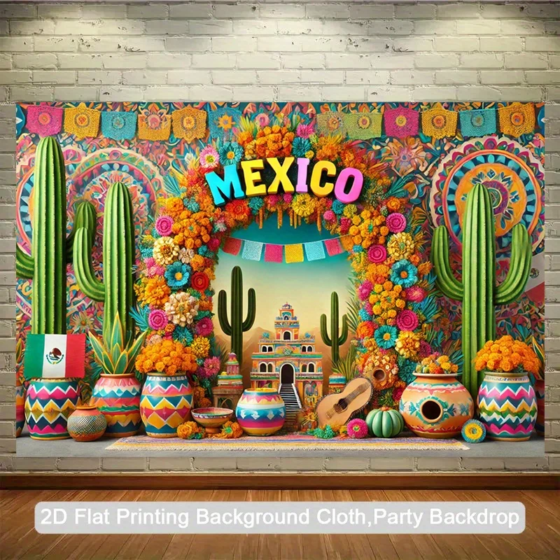 Fondo para Fiesta Mexicana, Decoración para Fiesta Mexicana, Pancarta del Cinco de Mayo, Cactus Coloridos, Flores, Guitarra de Mariachi, Arte Cultural Festivo