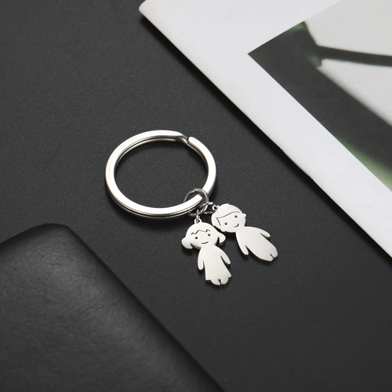 Stainless Steel Boy Girl Pendant Keychain for Children Gift Cute Simple New Keychain for Family Christmas Gift