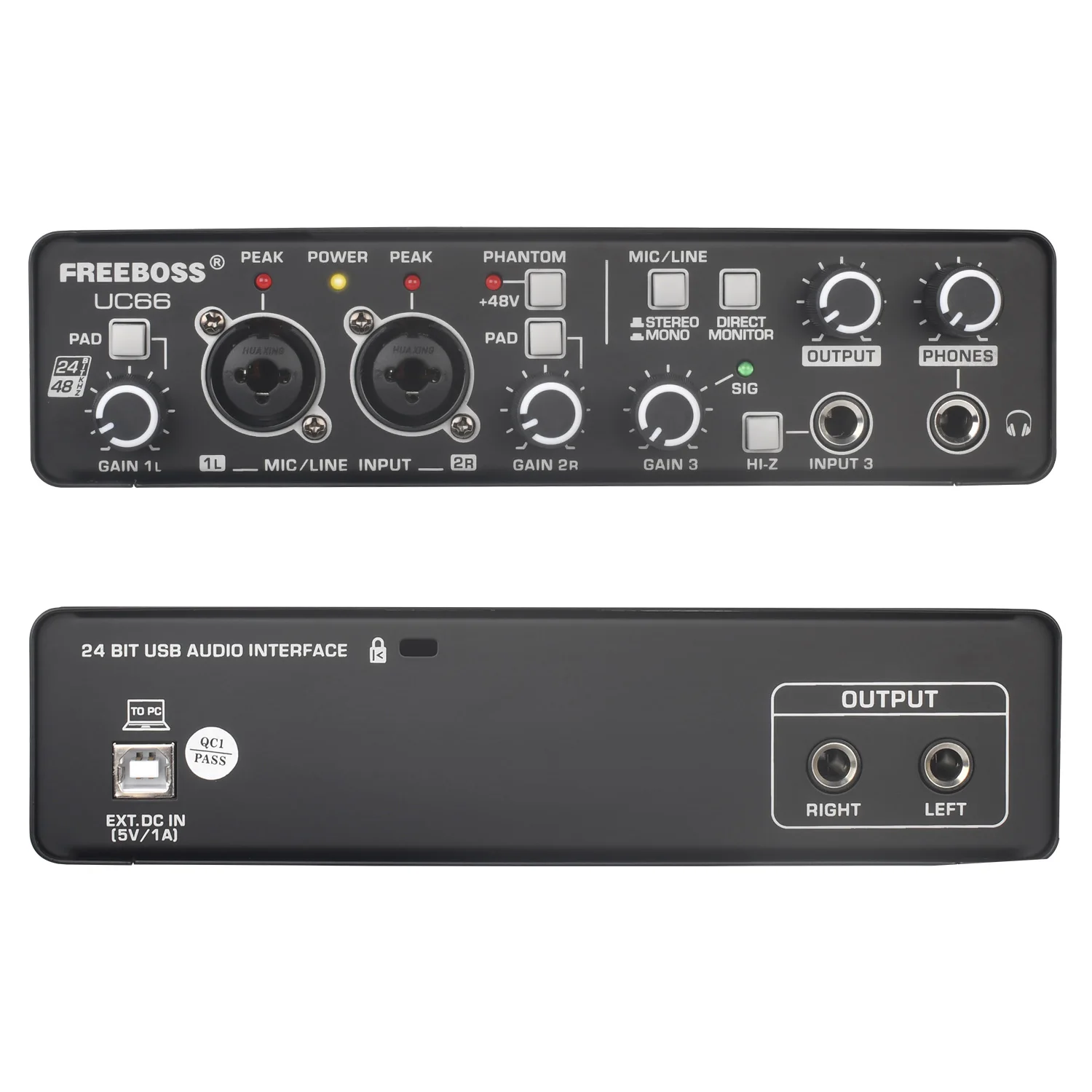 24Bit 48KHz Stereo Audio Interface 3 Channels 48V Usb Guitar External Sound Card for Studio Recording Driver-free Freeboss UC66