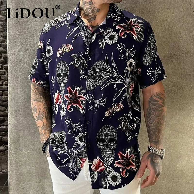 2022 Summer New Trend Fashion Vintage Top Men Blouses Cardigan Floral Lapel Print Loose Casual Short Sleeve Shirts Male Clothes