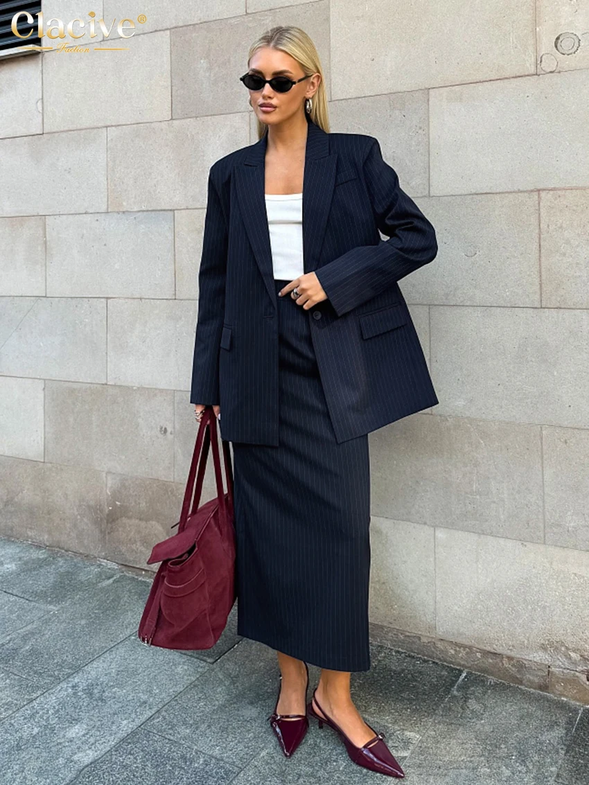 Clacive Fashion Loose Blue Stripe 2 Piece Set Women Outfit 2025 Elegant Long Sleeve Blazer With High Waist Long Skirt Set Female