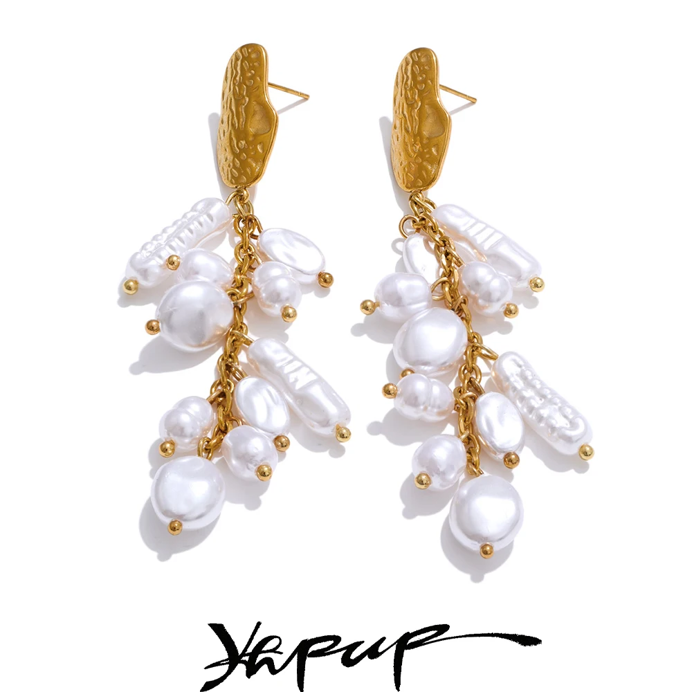 

Yhpup Baroque Simulated Pearls Tassel Long Chain Drop Earrings Gold Color Stainless Steel Handmade Korean Daily Jewelry Women