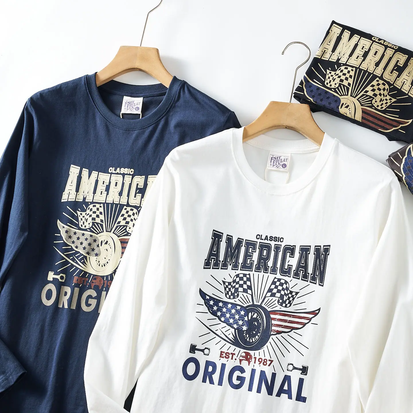 7925# Autumn New American Retro Long Sleeve O-neck Racing Printed T-shirt Men's Fashion 100% Cotton Washed Casual Sport Tops