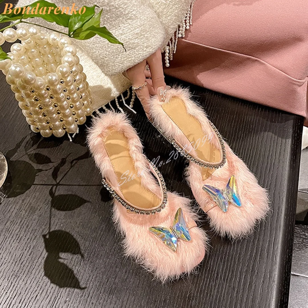 

Clear Butterfly Straps Sandals Crystal Chunky Med Heels Fur Leather Sandals Women Casual Shoes Solid Slip On Summer New Designer