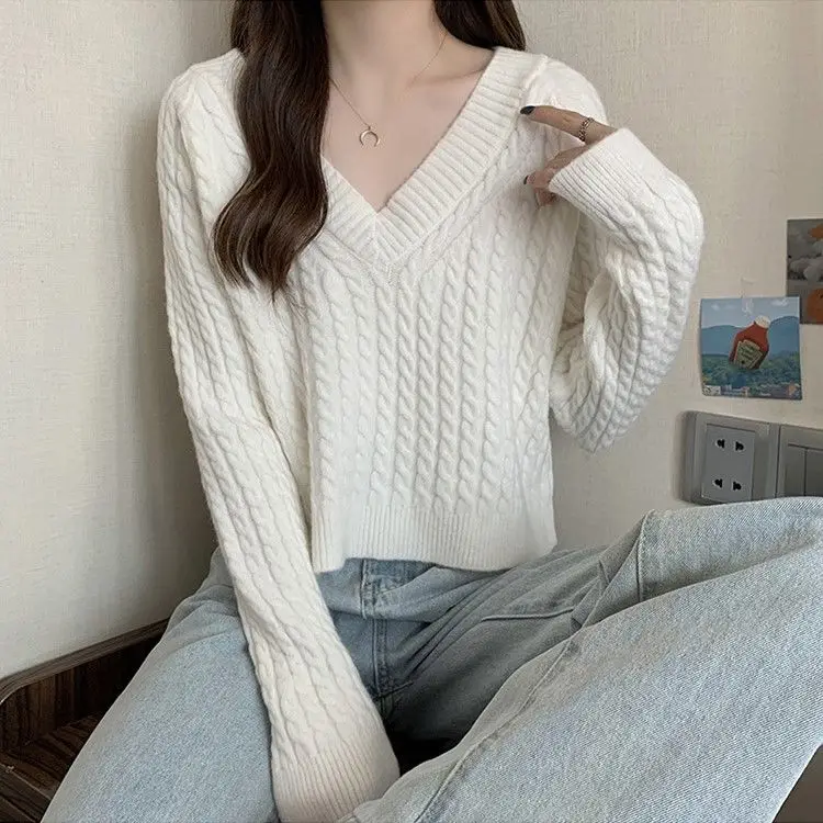 Loose and Lazy Style Shows Thin V-neck Pullover Temperament Fried Dough Twists Sweater Women's Retro Japanese Design Knitwear