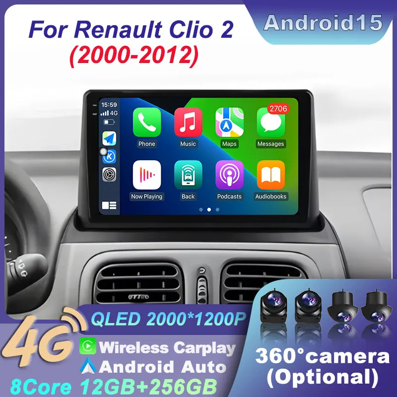 

Android 15 Radio For Renault Clio 2 2000-2012 Car Stereo Multimedia Navigation Player Wireless BT CarPlay Touch 2K QLED Screen