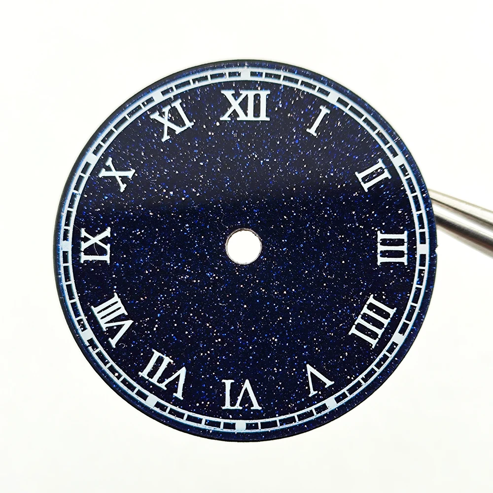 

Циферблат NH35 изготовленный из сверкающего звездного синего/черного малахитового песчаника 28,5 мм Циферблат Starry Sky от станка с ЧПУ для механизма NH35/36.