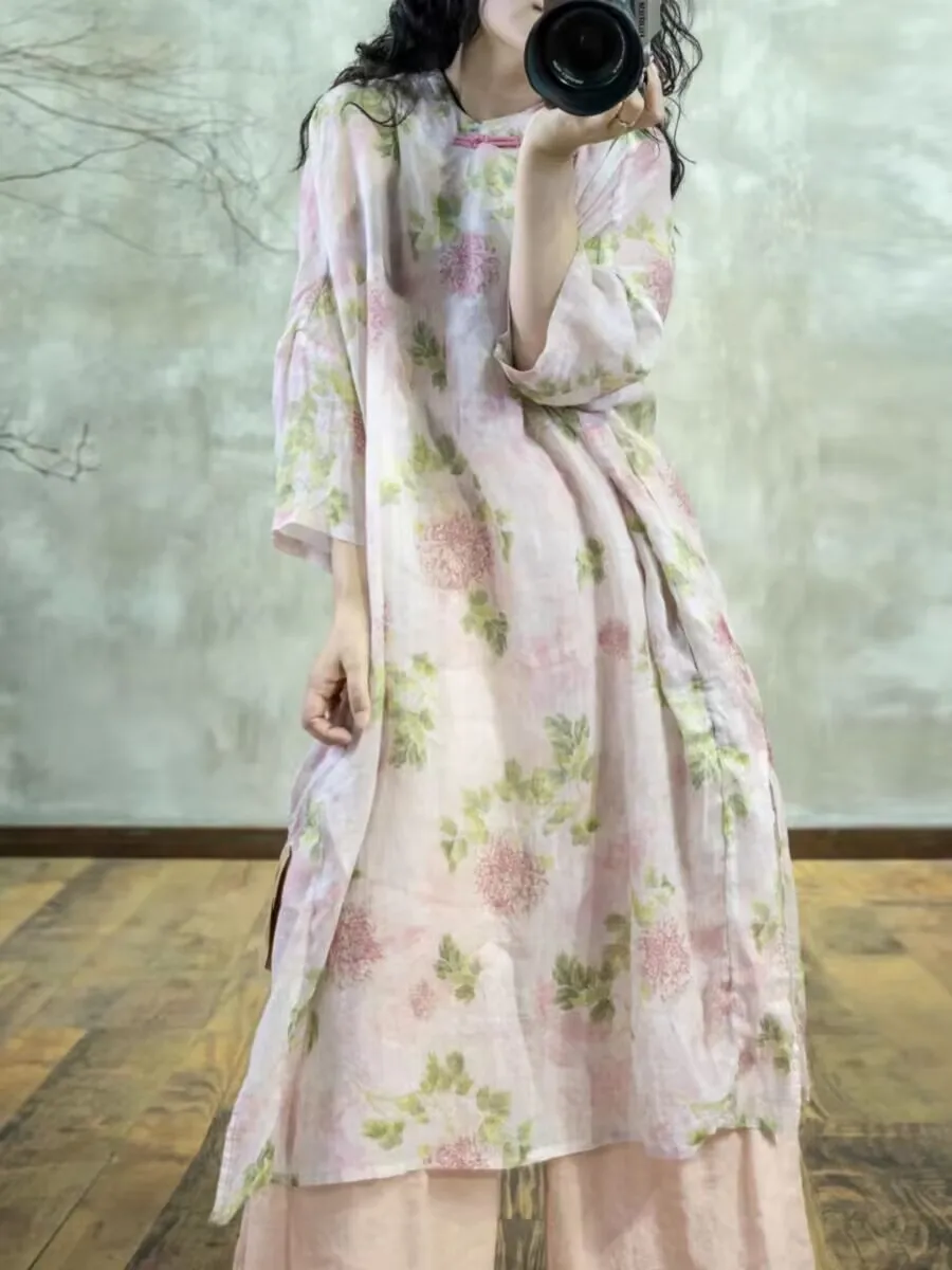 

Художественная свободная шелковая хлопковая юбка с цветочной вышивкой и пуговицами розового цвета, антивозрастная юбка для повседневной одежды