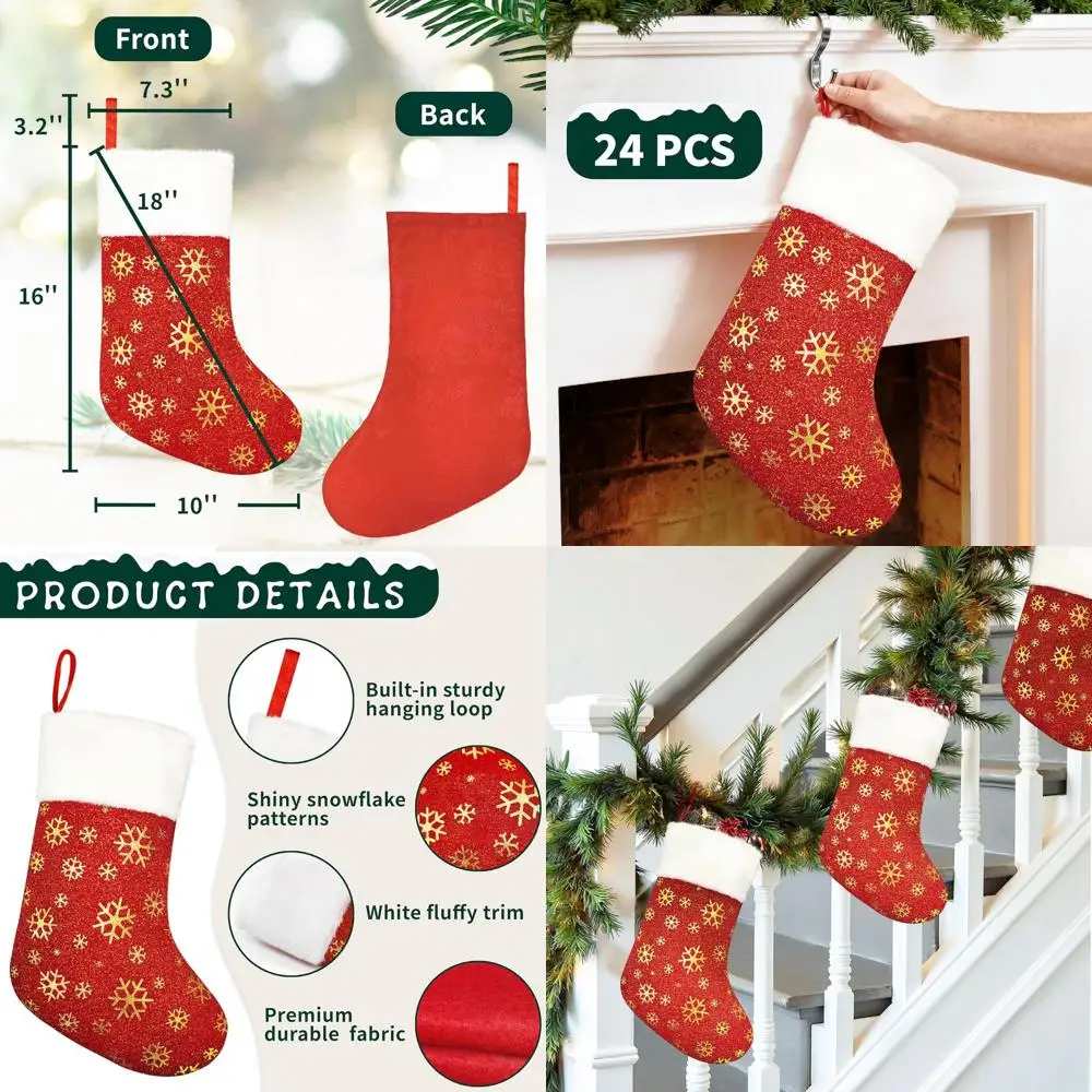 

Set of 24 Red Christmas Stockings, 18 Inches, with Golden Snowflakes and Sparkling Finish - Ideal for Holiday Fireplace and Stai