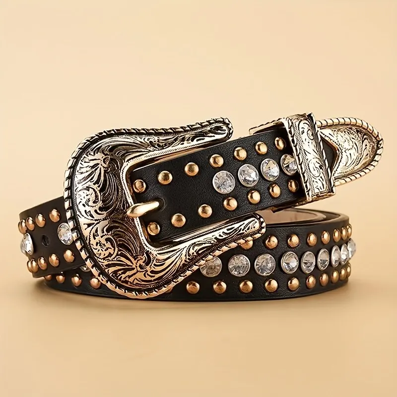 Women's Belt Vintage Carved Buckle Thin Belt Fashion Rhinestone Rivet Personalized Street Men's Belt Punk HipHop Rock Y2K Style