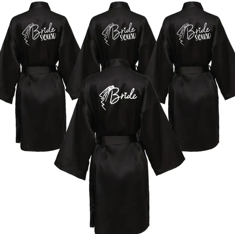 

Wedding Party Team Bride Robe With Black Letters Kimono Satin Pajamas Bridesmaid Bathrobe SP036