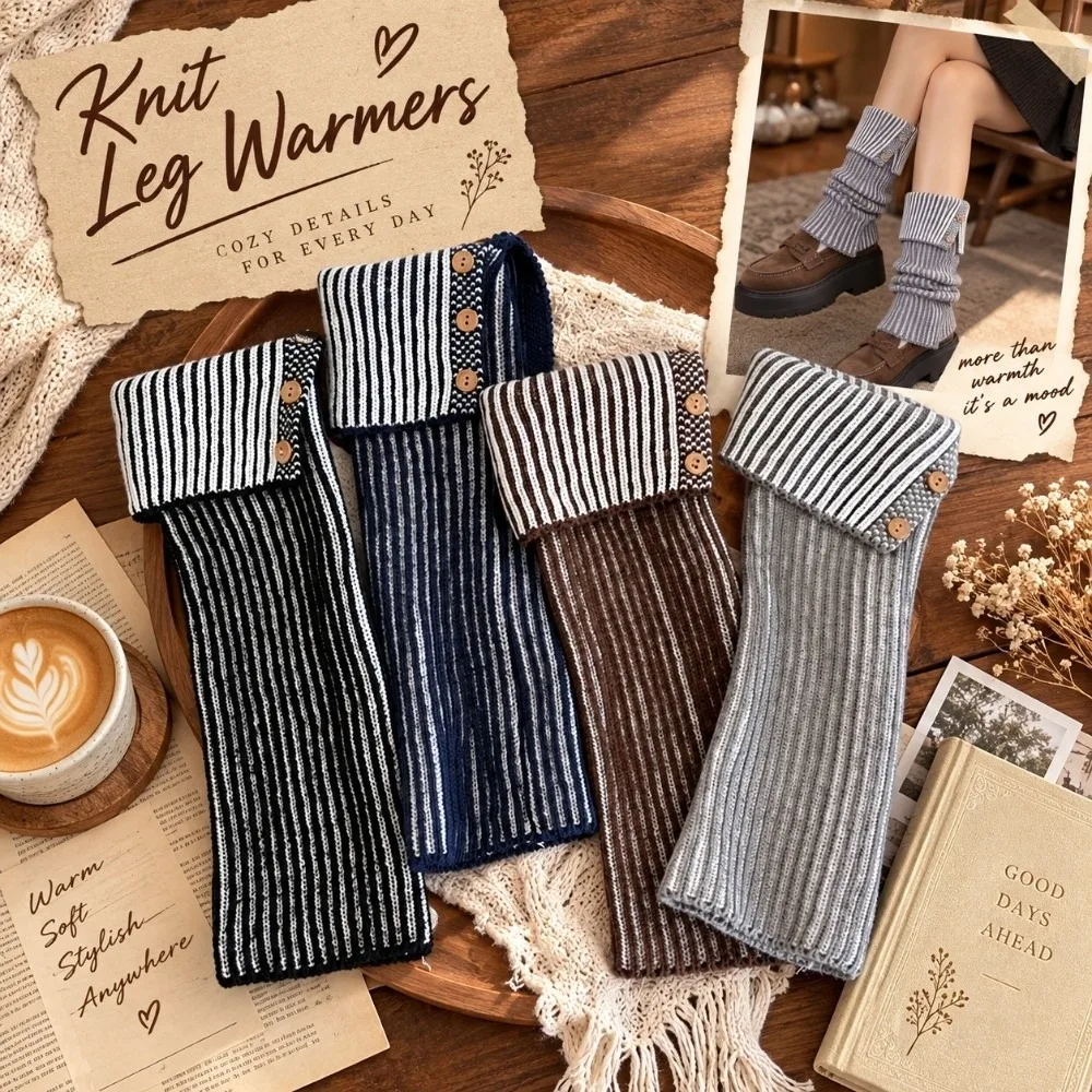 1 Pairr Cotton Blend Leg Warmer Thickened Knit Vertical Striped Cuffed Leg Warmer Fold-Over Cuff Decorative Button