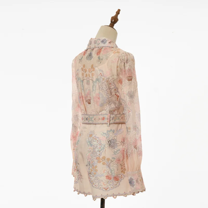   플로럴 패턴 셔츠 탑 하이웨이스트 팬츠 패셔너블한 의상 세트 엘레 벨벳 소재 롱 슬리브 드레스