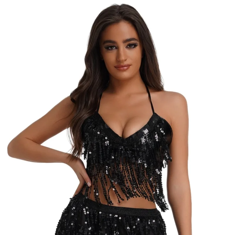 Top de Lentejuelas para loween, Top de Danza del Vientre con Flecos, Top sin Tirantes para Club, Disfraz de Fiesta, Produc...