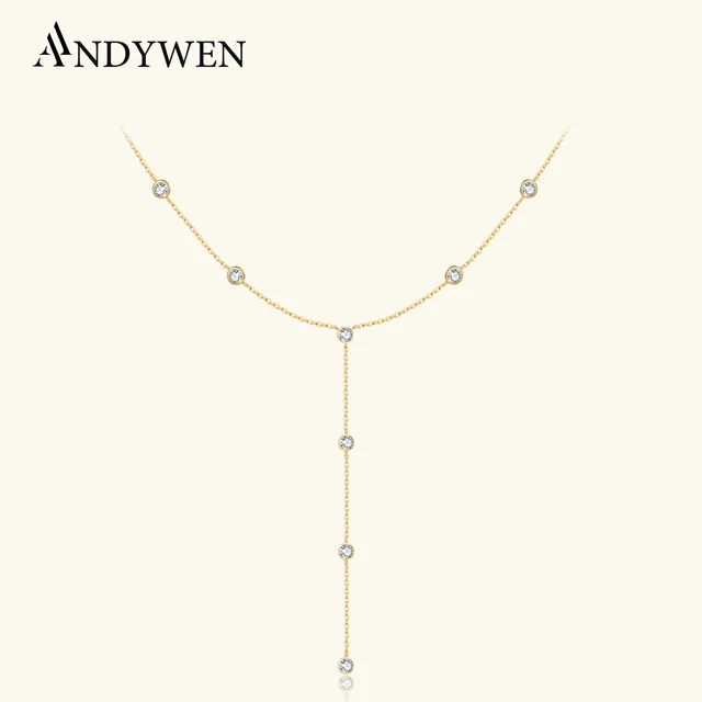ANDYWEN 925 Sterling Silver Gold CZ Zircon Charm Long Chain Choker Necklace 2023 Luksusowa biżuteria ślubna
