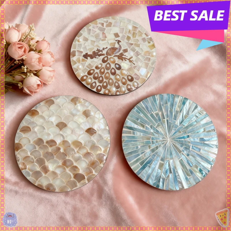 

Vietnamese Shell Coaster & Tray Set, Hand-Inlaid Ins Fashion Luxury Art Piece for Dining Table Decor