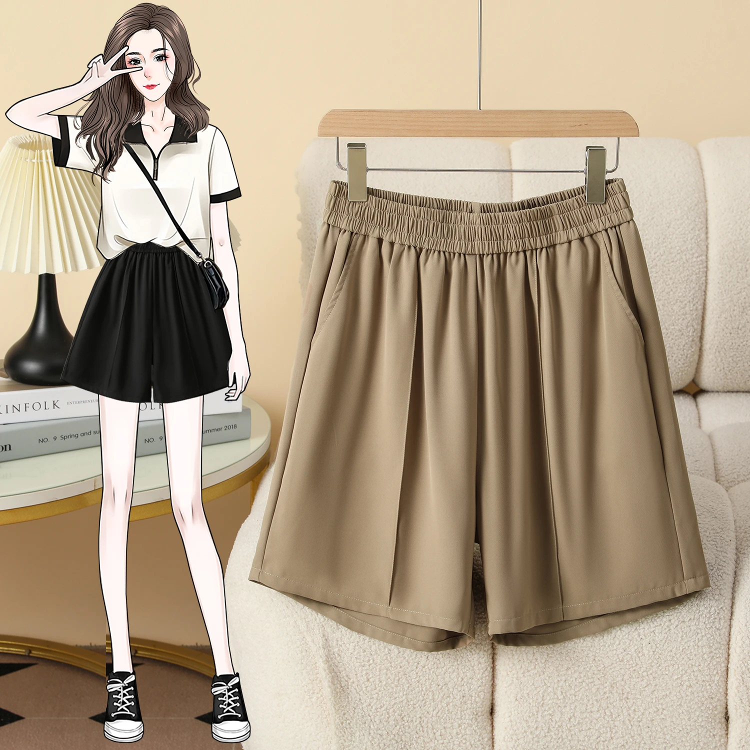 2026 Elastic High Waist  A-Line Suit Shorts Women's Fashion Summer New Wide Leg Loose Short Pants Casual Sports Pants