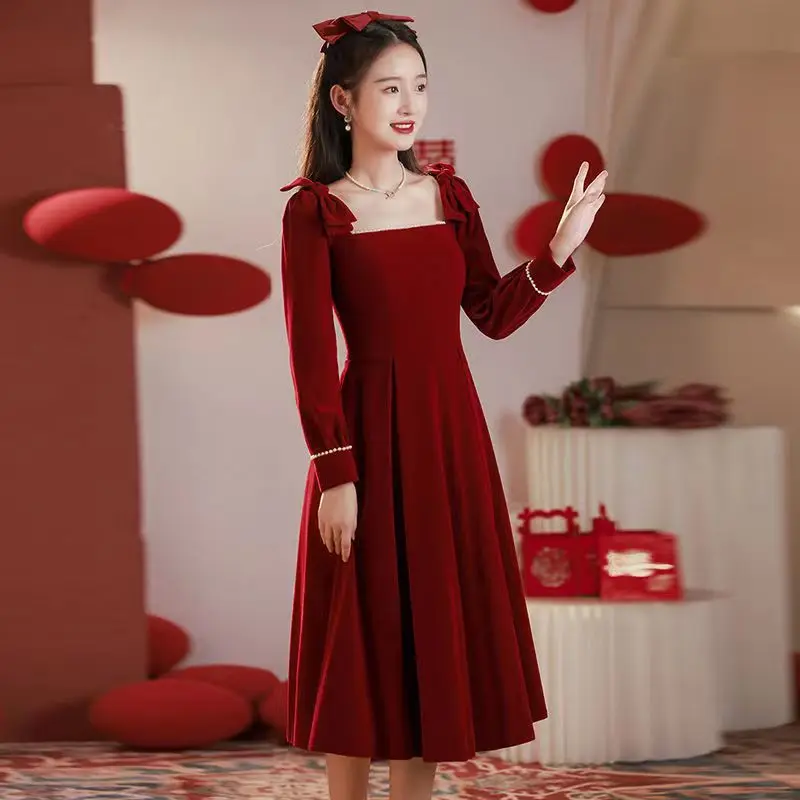 Evening Prom Dresses for Women Square Collar Long Sleeve Velvet Casual Pearl Decoration on Cuffs Dress 2024  Formal Vestidos