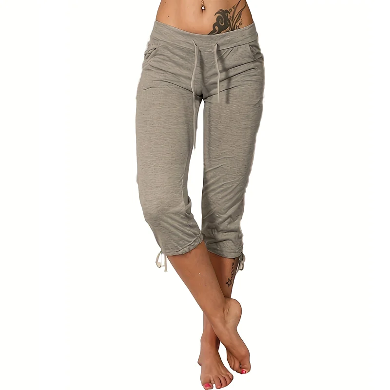 

Women's Elegant Summer New Casual Cropped Pants with Pockets and Drawstring at the Hem, Fashionable Pants
