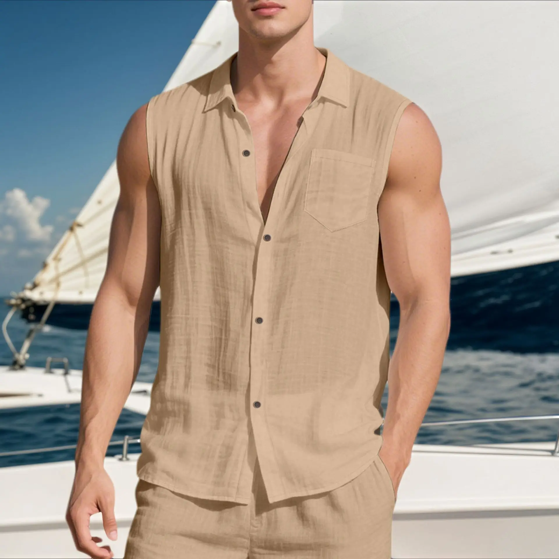 Loose Linen Sleeveless Collared Beach Shirt Casual Summer Fashion for Men New Arrival Open Cardigan Style Clothing -SSL-1