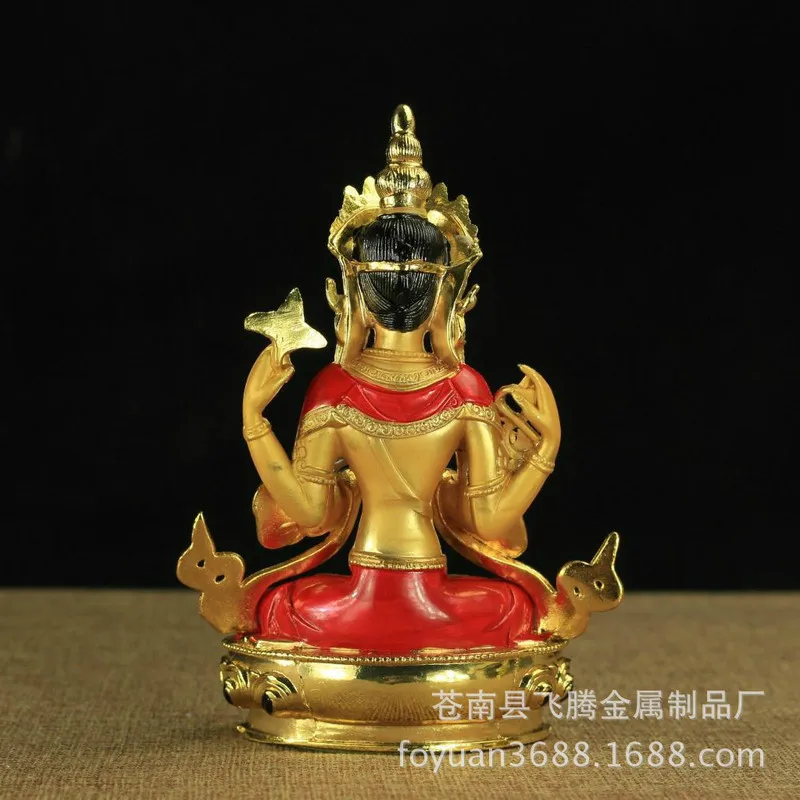 Craft 6inch Painted Copper Gilded Four-Armed Guanyin Bodhisattva Buddha Ornament