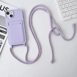 Crossboby Lanyard Rope Phone Case for IPhone 16 15 Pro Max 14 Plus 13 12 11 Soft Silicone Card Slot Holder Fall Prevention Cover
