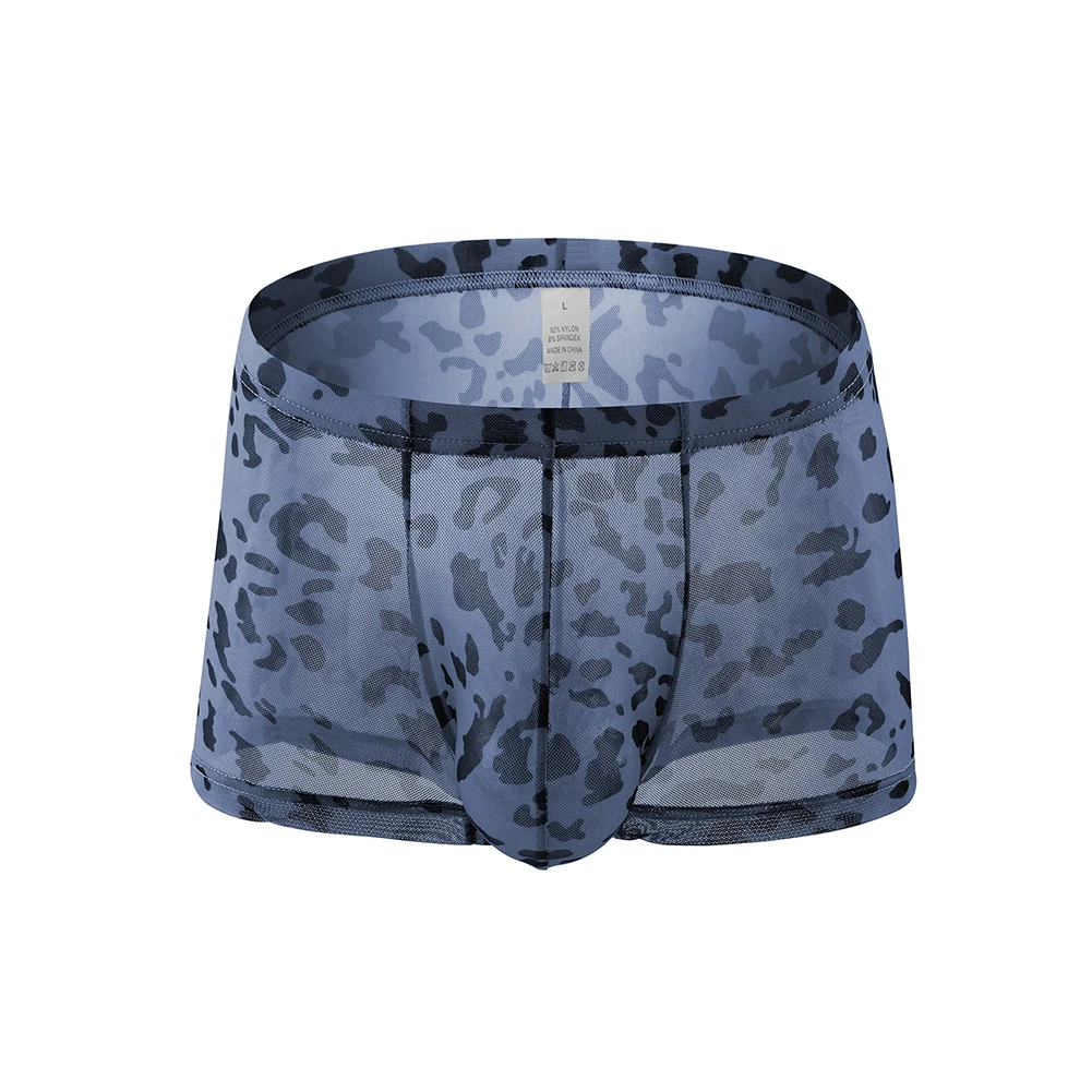 Roupa interior masculina calcinha ver através de malha pura estiramento boxer briefs respirável confortável leopardo impressão