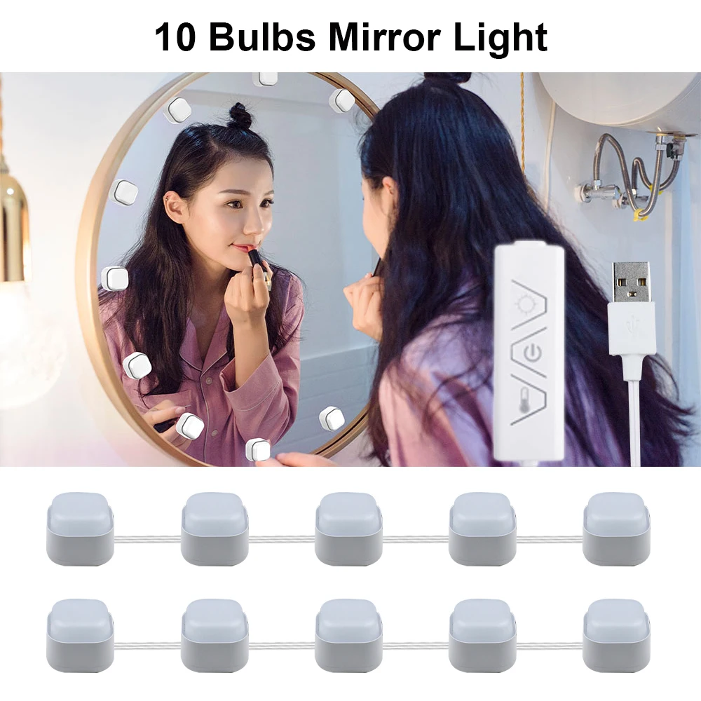 Wiscolor 10 Bulbs Mirror Light LED Vanity Light USB Bathroom Dressing Table Lighting Dimmable For Makeup Mirror LED Light