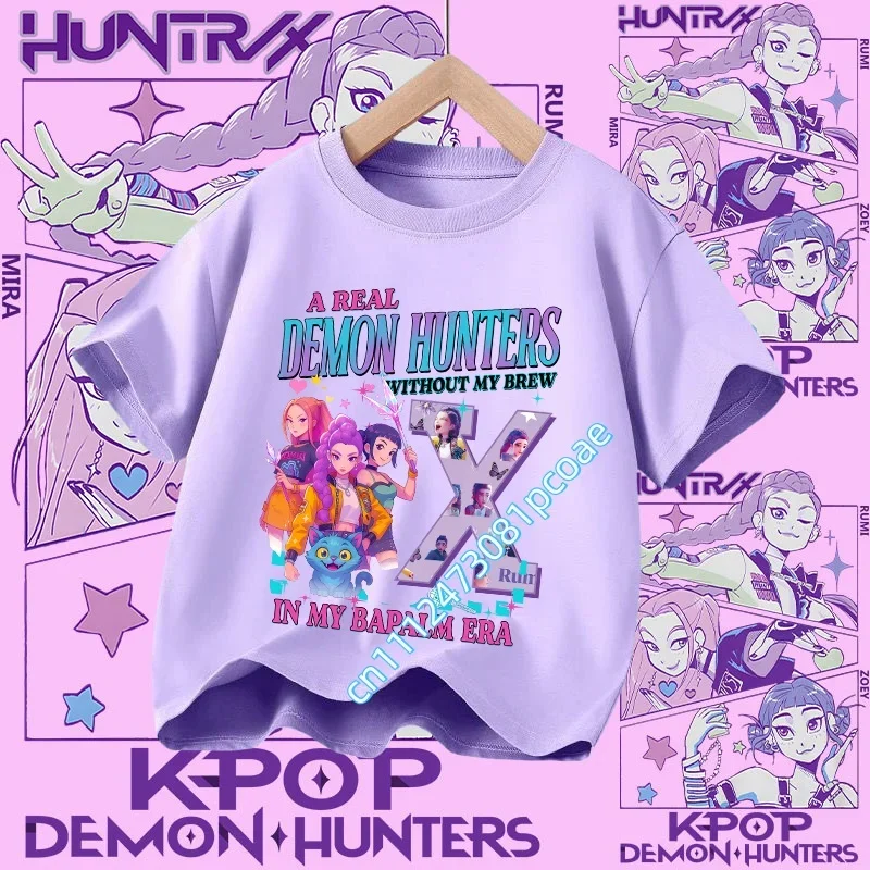 

Летняя детская футболка K-Pop Demon Hunters, футболка с принтом букв в стиле Kawaii, повседневные топы с короткими рукавами для девочек, детская одежда