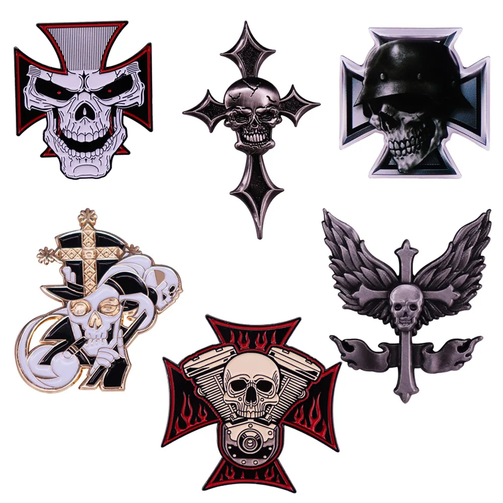 Cross Skull Brooch Winged Gothic Badge Black White Formal Hat Enamel Pin Fashion Collar Accessories Halloween Decoration Gift