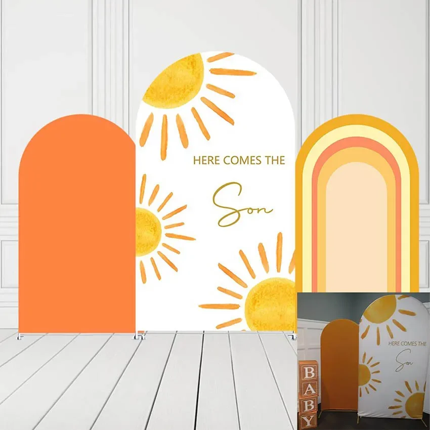 Mehofond Custom 2-Sided Here Comes the Son Sunrise Rainbows Birthday Party Baby Shower Covers Chiara Arch Decor Backdrop Photo