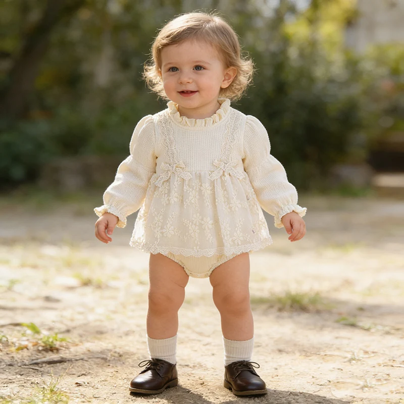 2026 New Spring Toddler Baby Girl Romper Long Sleeved Mesh Splicing Infant Baby Girls Jumpsuit 0-24M Baby Girl Clothing