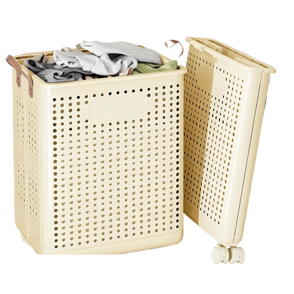 

Foldable Laundry Basket with Wheels Collapsible Storage Bin for Clothes, Toys, Bathroom (14x15x20 inch) Easy Carry!
